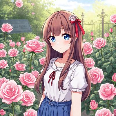 The primary subject of the image is a young woman with long brown hair, wearing a white shirt and a red ribbon in her hair. She is standing in a garden filled with pink flowers, which create a serene and peaceful atmosphere. The setting is outdoors, with the woman surrounded by the beautiful flora. The visual style of the image is a combination of photo and digital art, creating a realistic yet artistic representation of the scene.